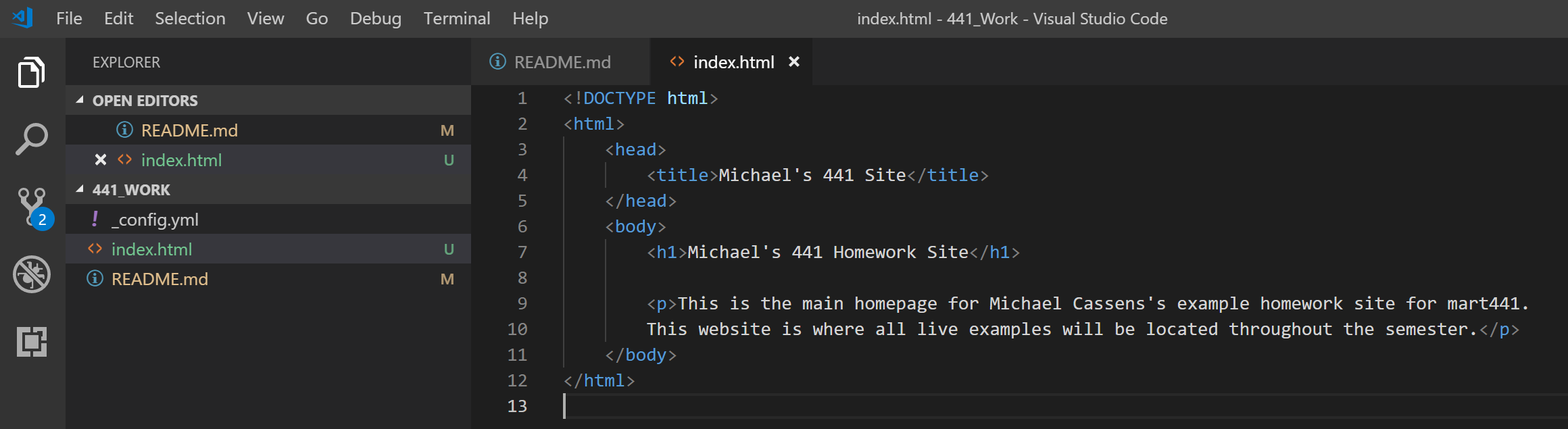 basic home page in Visual Code editor