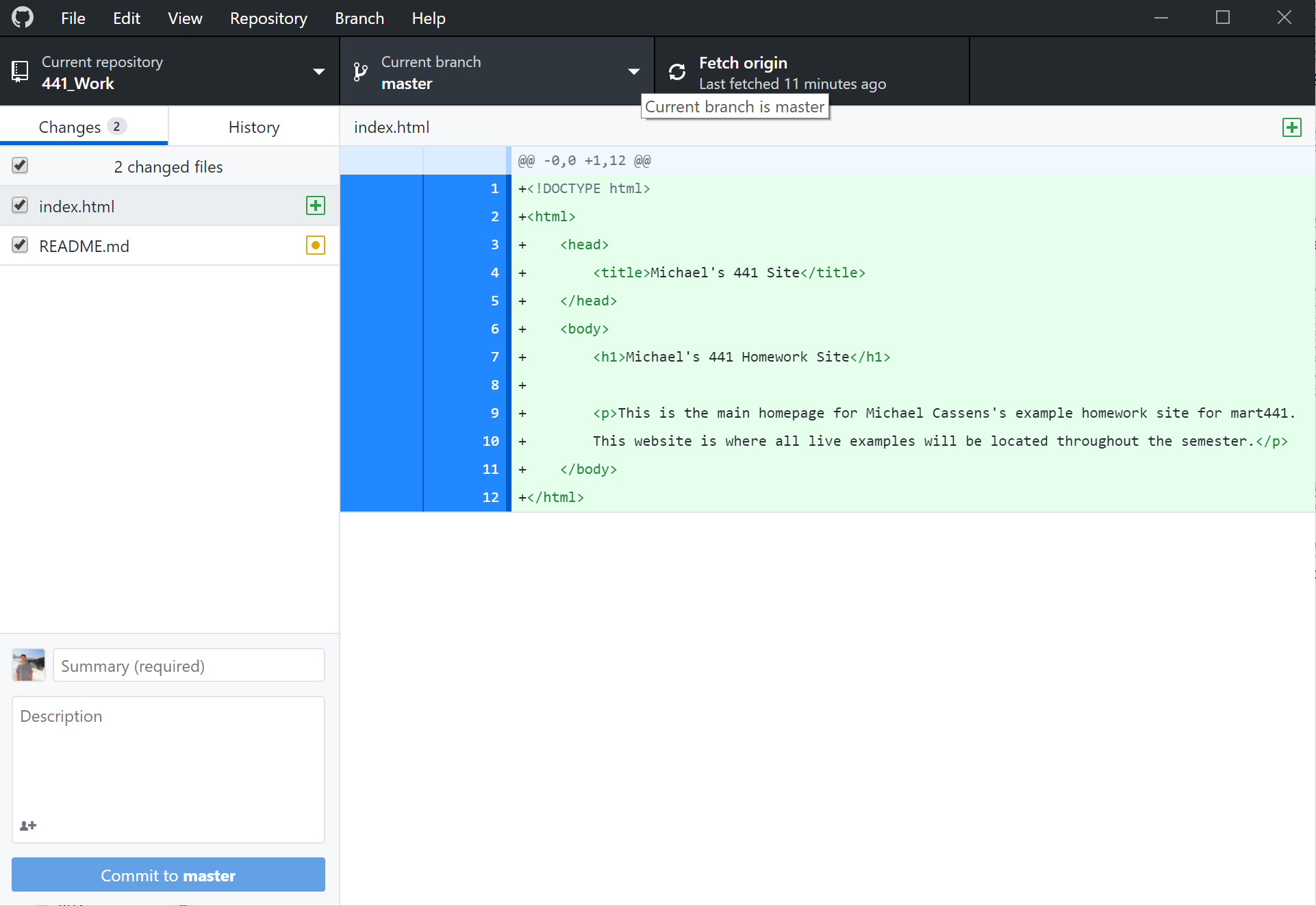 GitHub Desktop App commit example