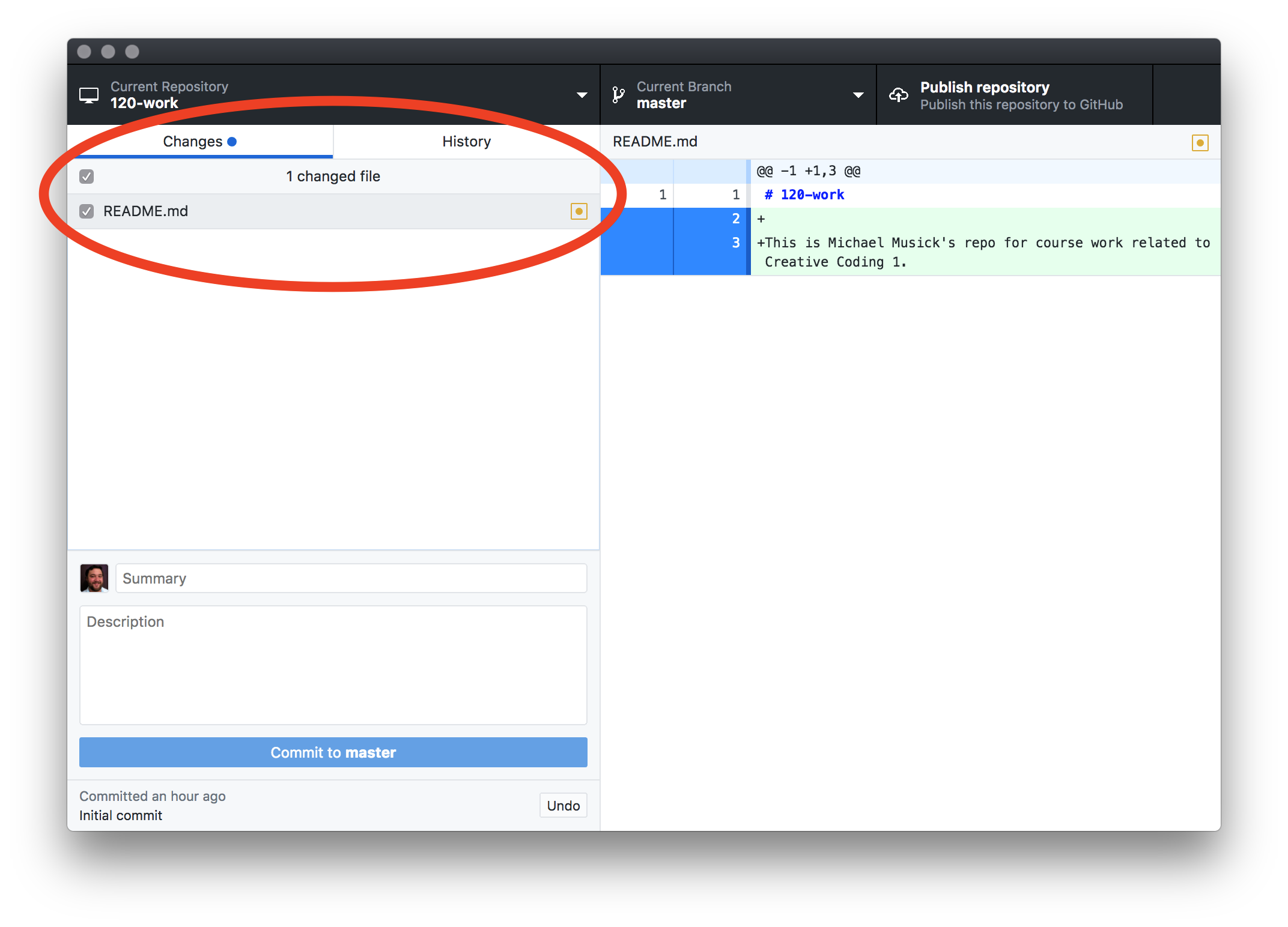 Example of changes to a file in GitHub Desktop