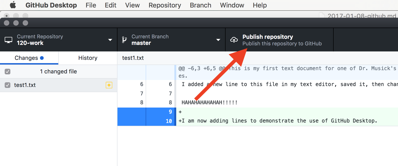 Image showing the placement of the "Publish" button on GitHub Desktop app