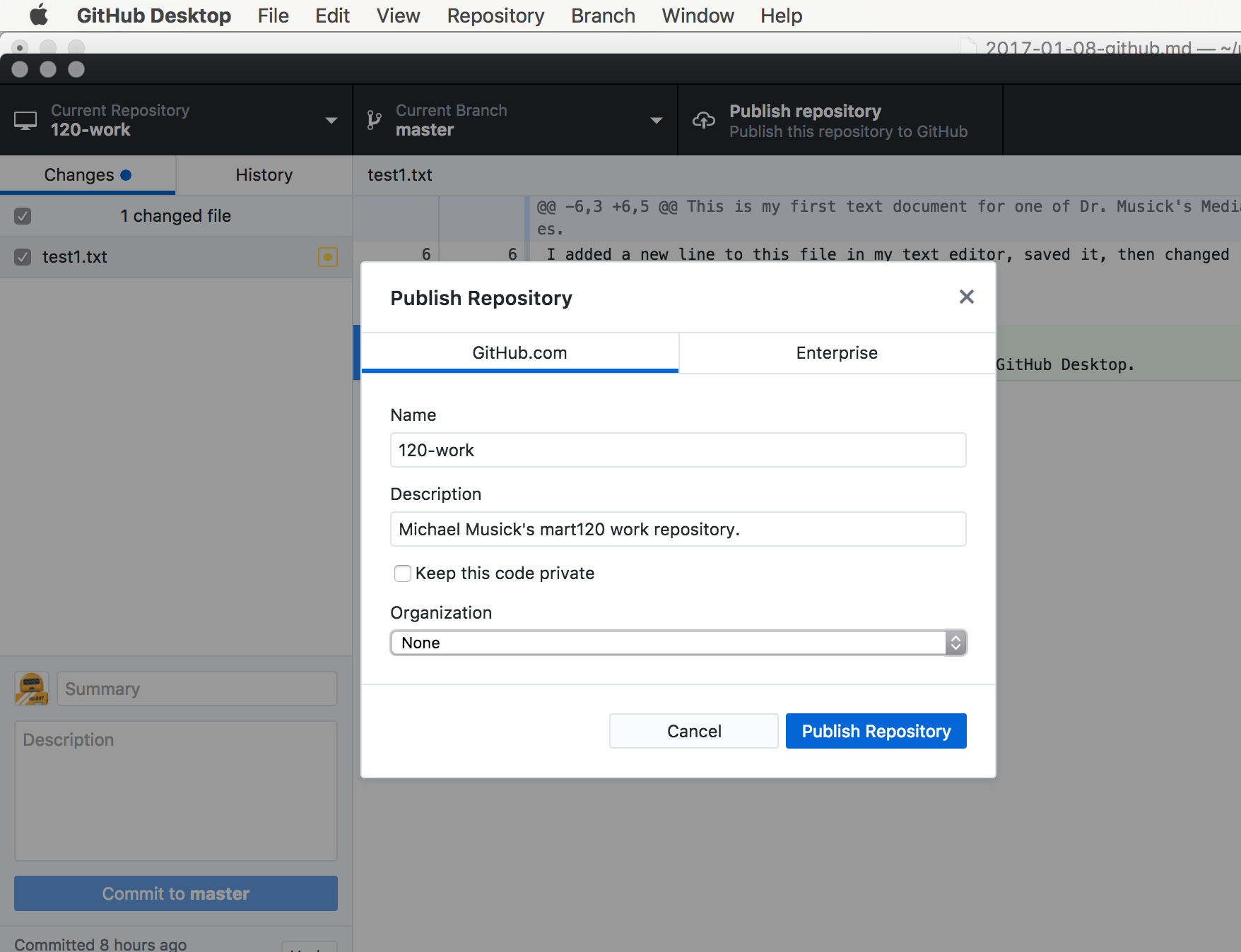 Example of the "Publish Repository" window in GitHub Desktop App