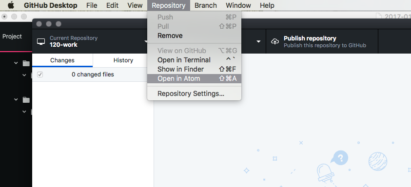 Context Menu in GitHub Desktop showing the "Open in Atom" option.