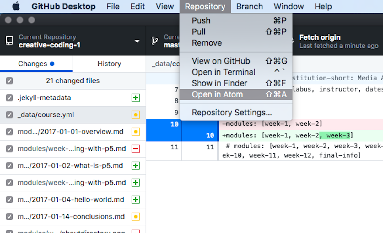 Example of Opening Atom from GitHub Desktop