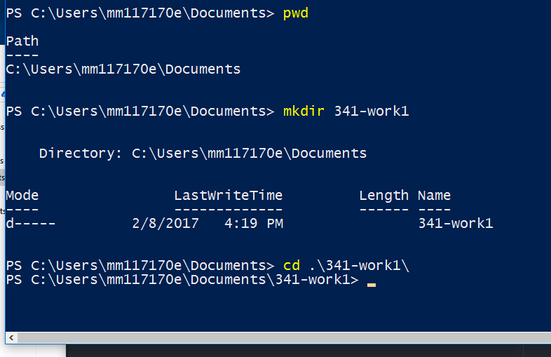 Example image of creating the 341-work directory on windows