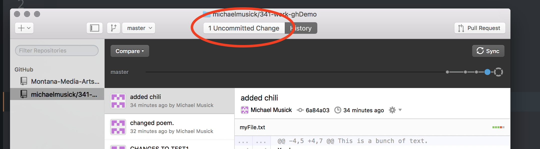 GitHub Desktop showing that there are "uncommited changed"