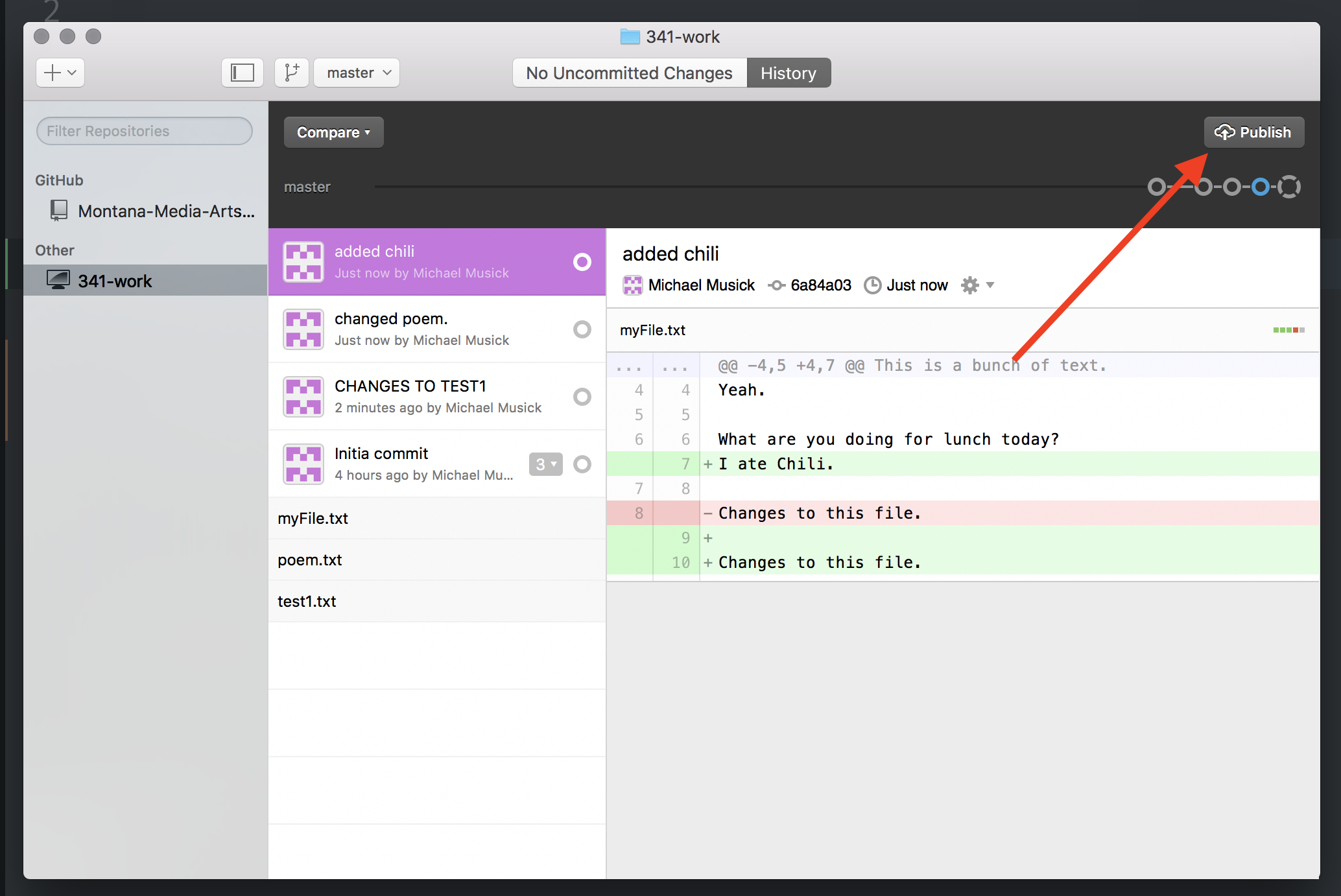 Image showing the placement of the "Publish" button on GitHub Desktop app