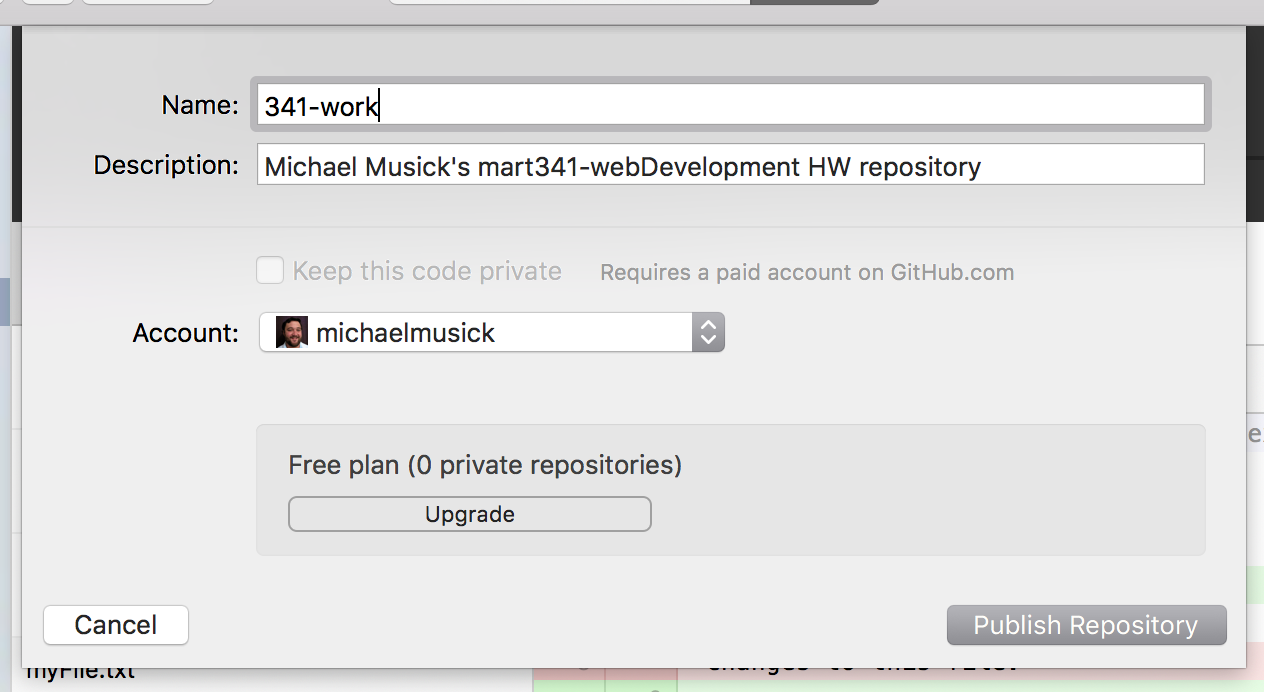 Example of the "Publish Repository" window in GitHub Desktop App