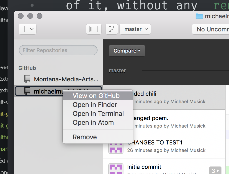 Example of context menu in GitHub Desktop app and the "view on github"