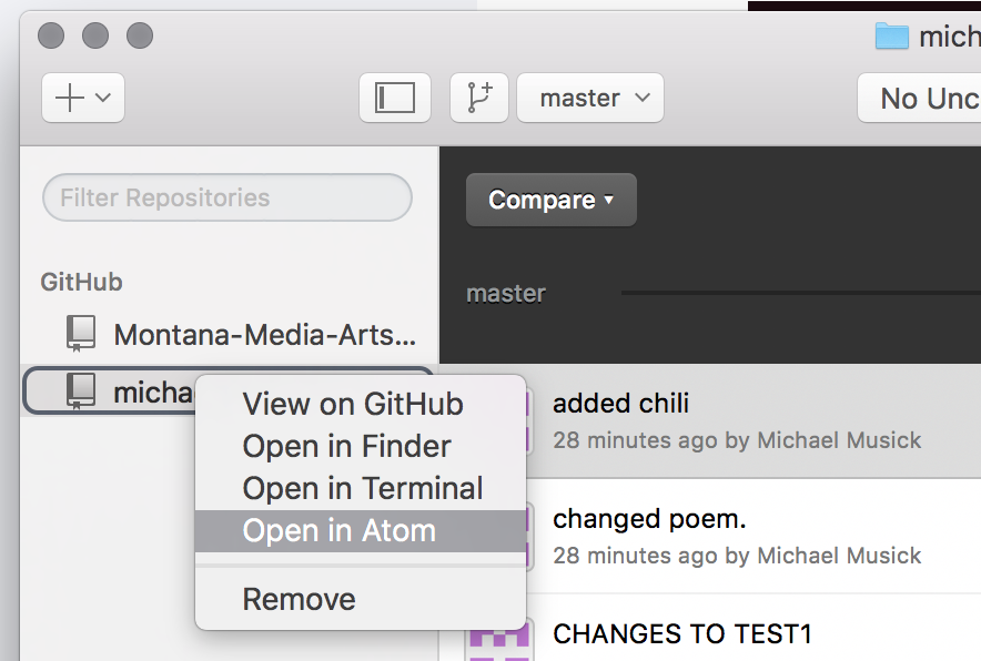 Context Menu in GitHub Desktop showing the "Open in Atom" option.