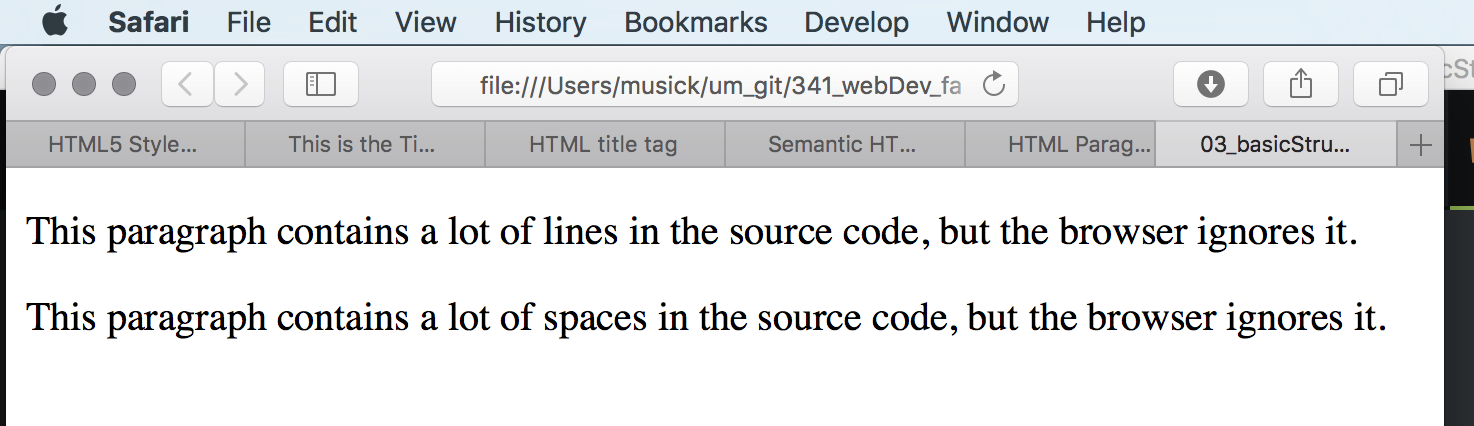 Example of extra spaces in a paragraph element being removed