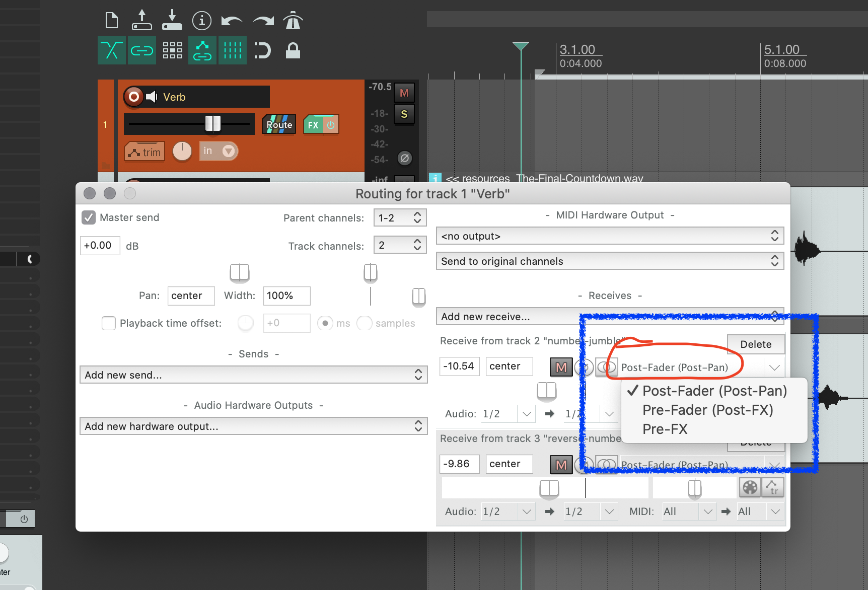 Post-fader vs pre-fader select dialog.