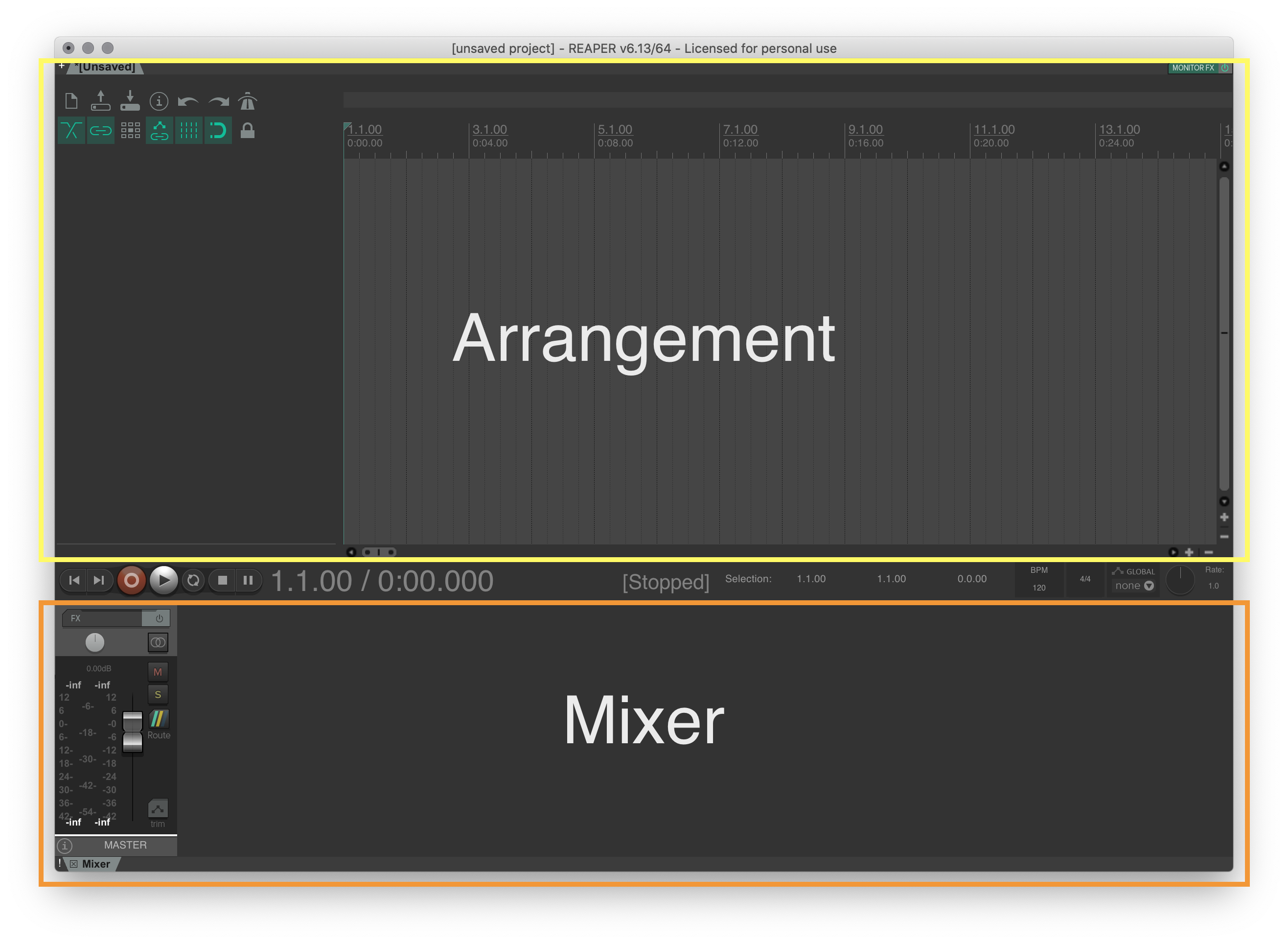 Reaper window, with overlays identifying the arrangement and mixer windows.