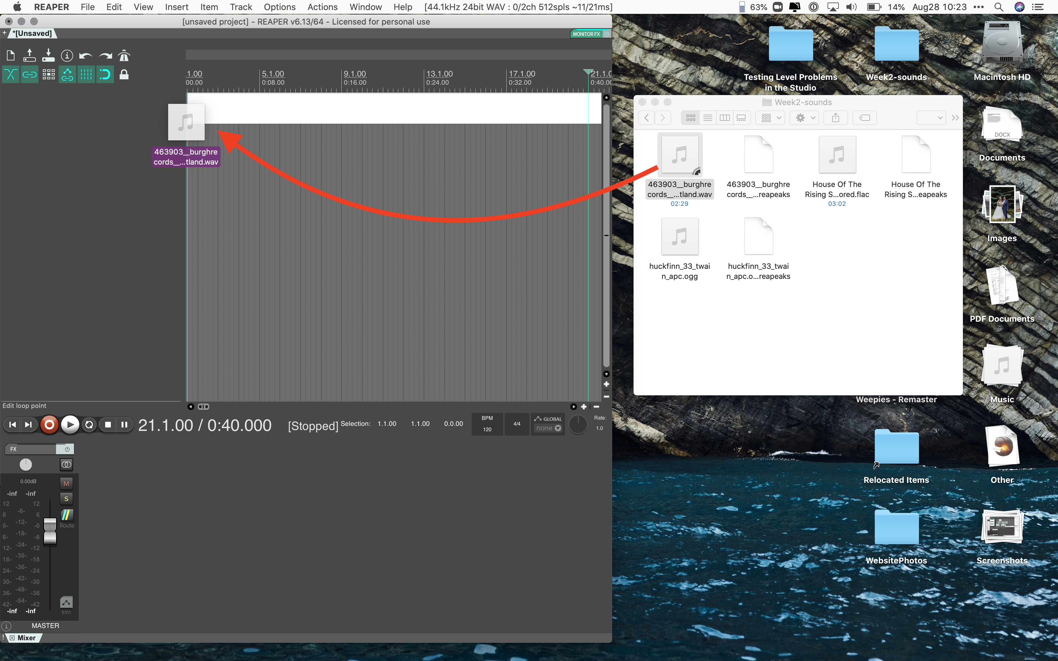 Example of dragging an audio file from finder to Reaper.