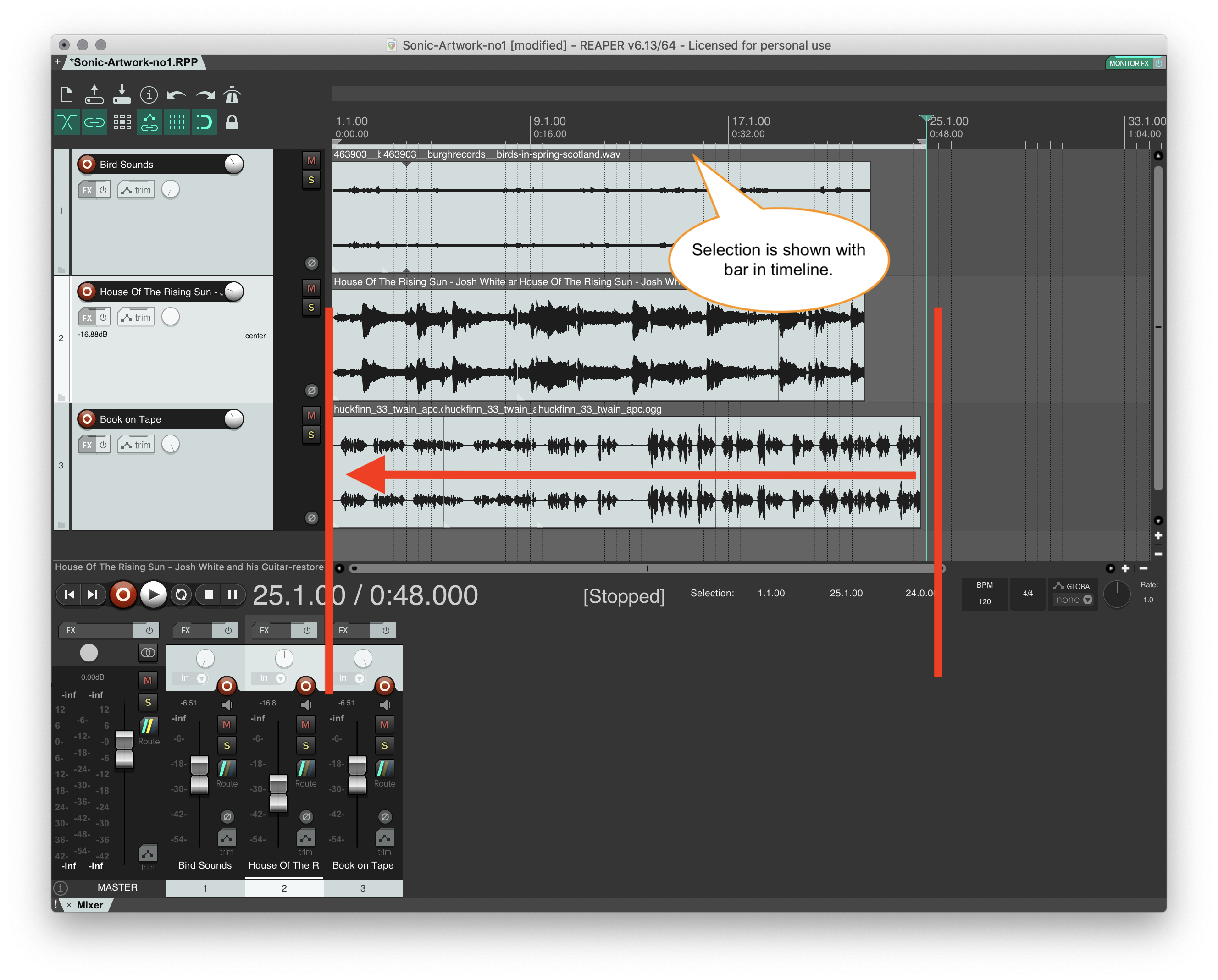 Example of selecting the portion of a project you want fro mixdown.