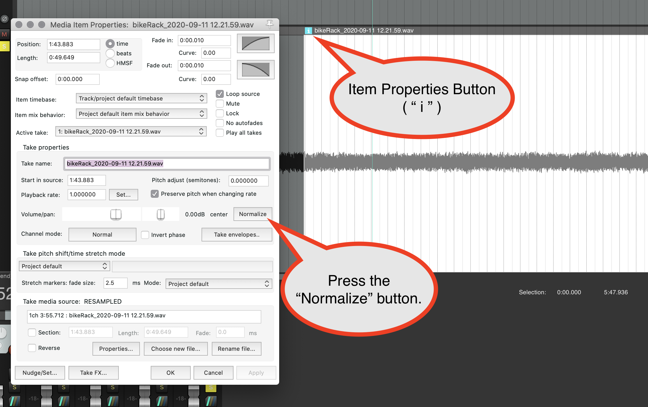 Normalize audio item through Item Properties window.