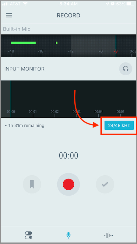 Arrow pointing to the recording resolution button.