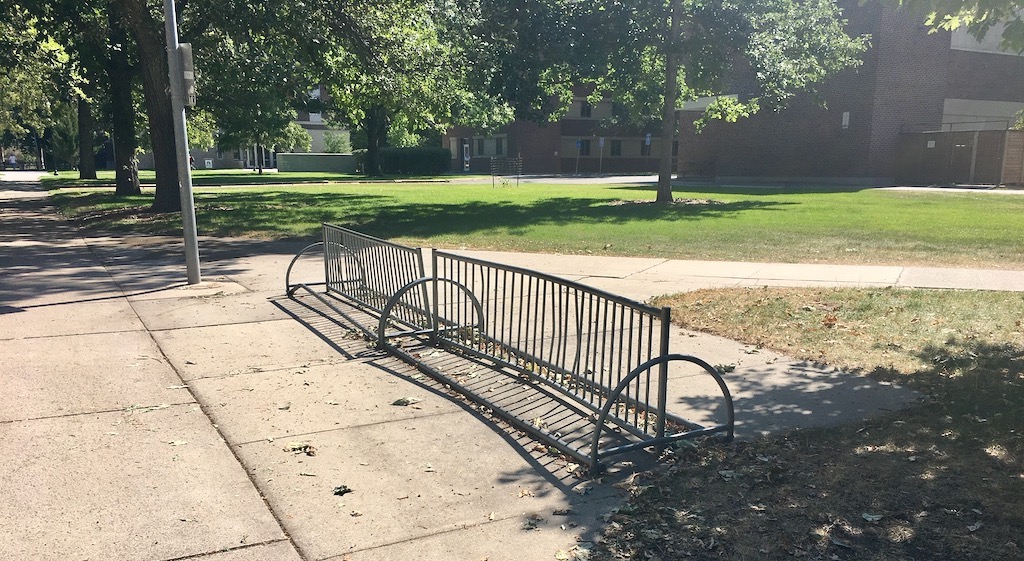 Far shot of the bike rack to provide context of the greater area
