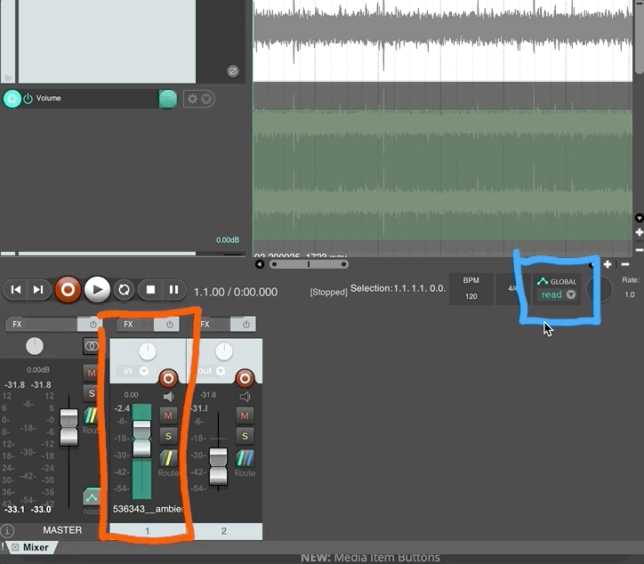 Example of recording automation via the fader during playback.