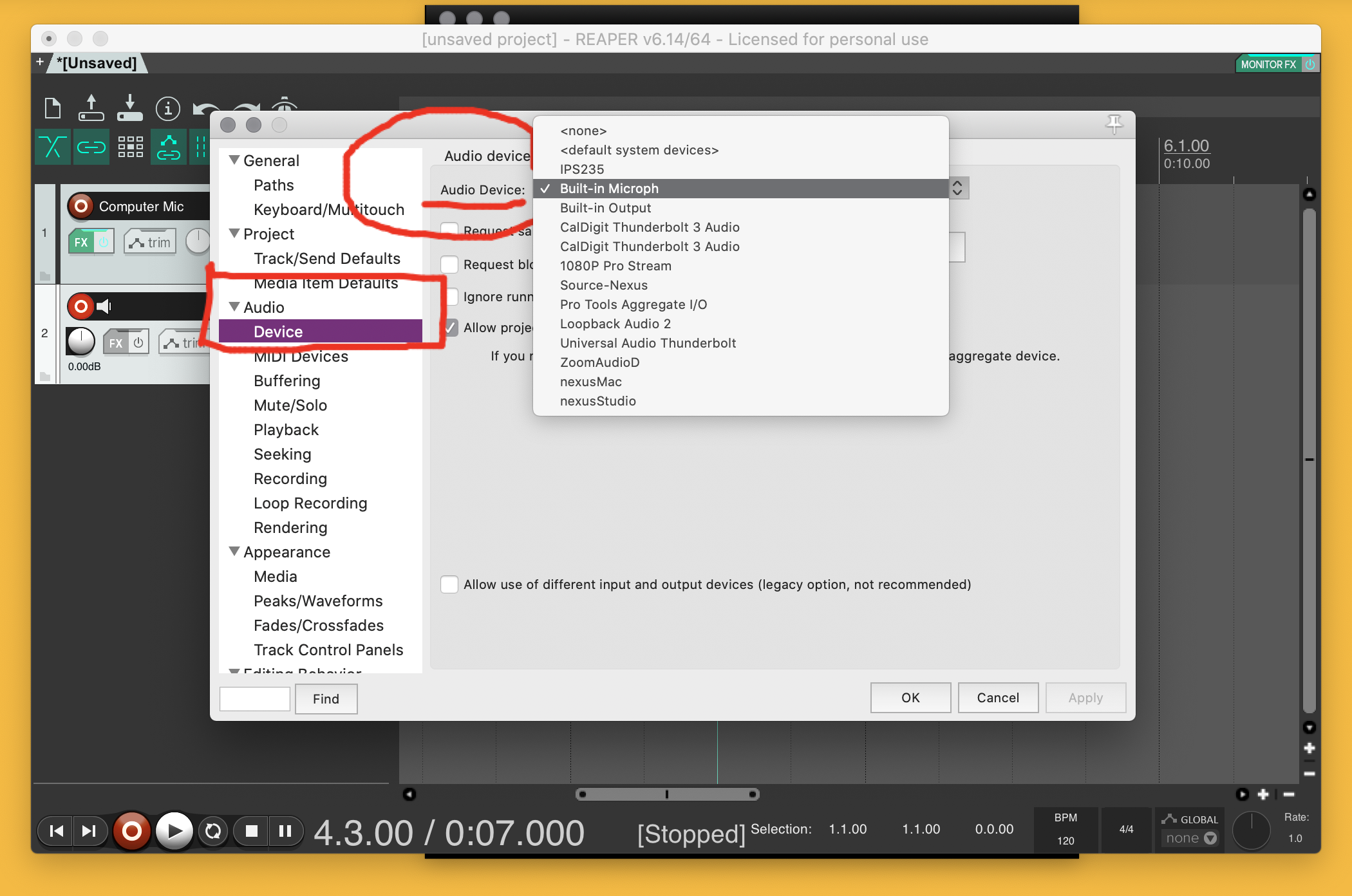 Image demonstrates audio device selection drop-down in Reaper