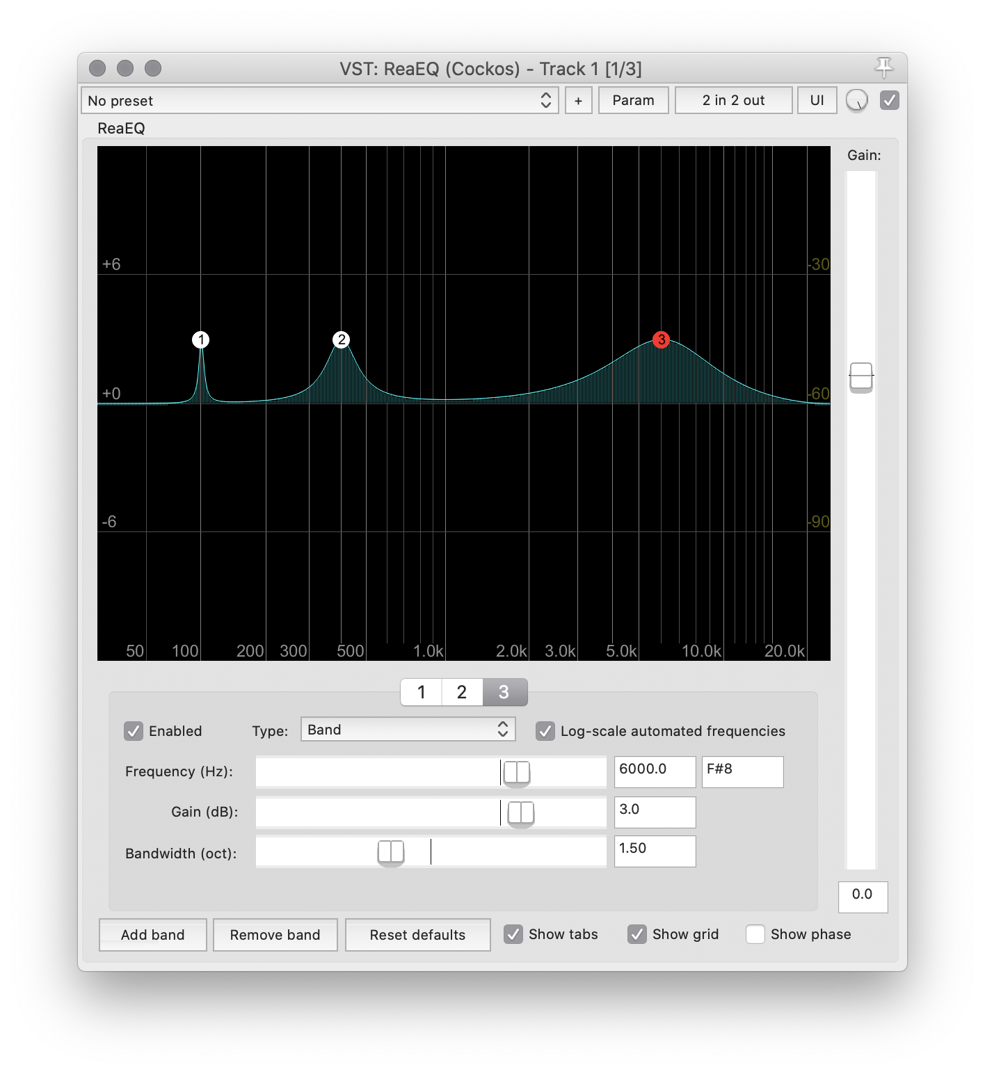 Example of three different bandwidths for three filter bands, all boosting 3dB.