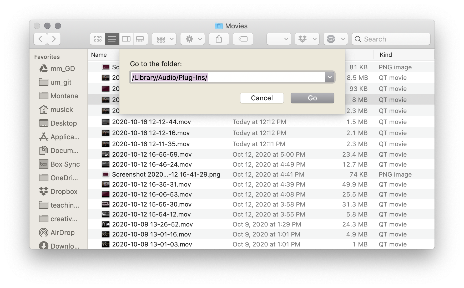 Example of 'go to folder' on macOS