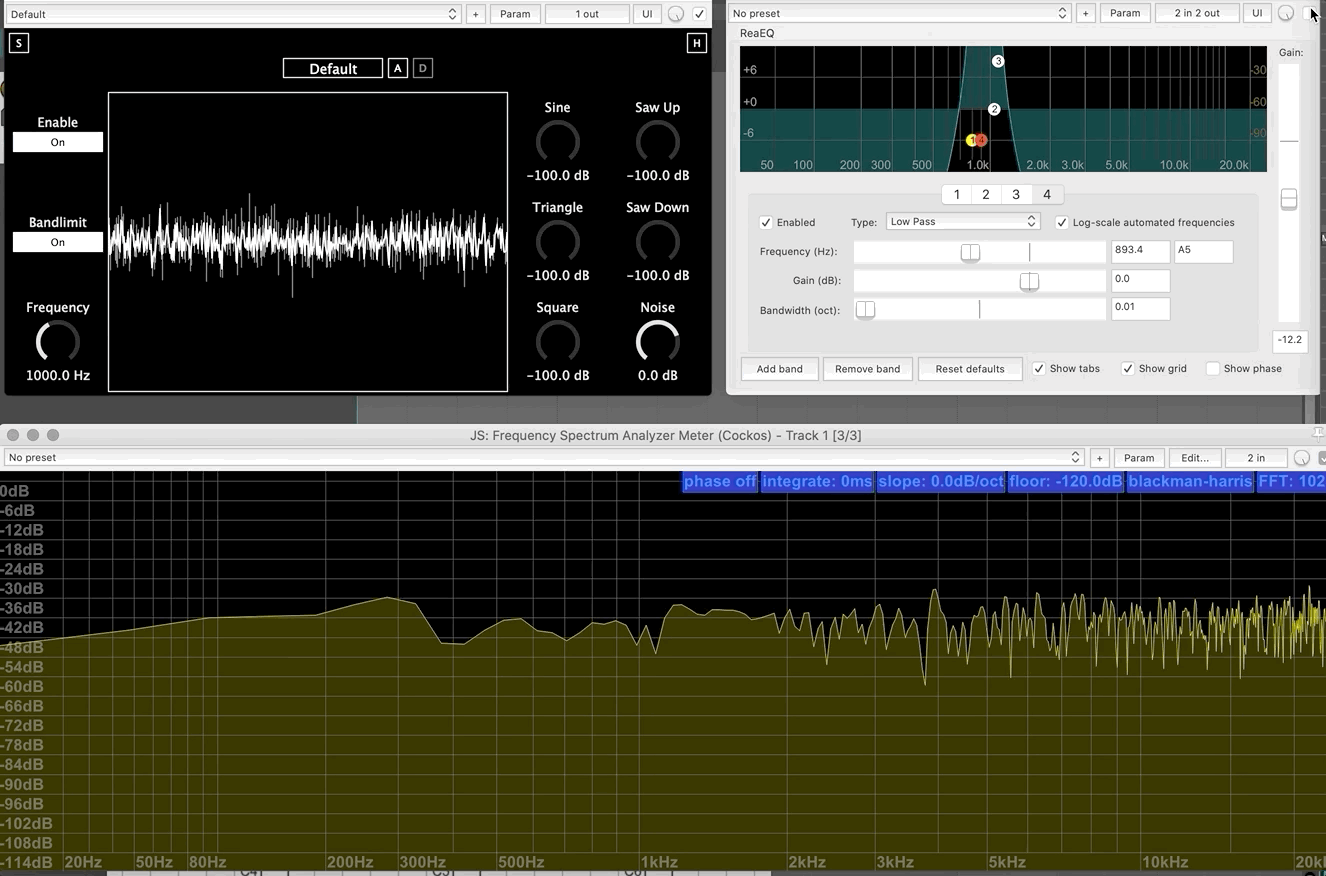 Example of a filter being used to create a pitched signal from white noise.