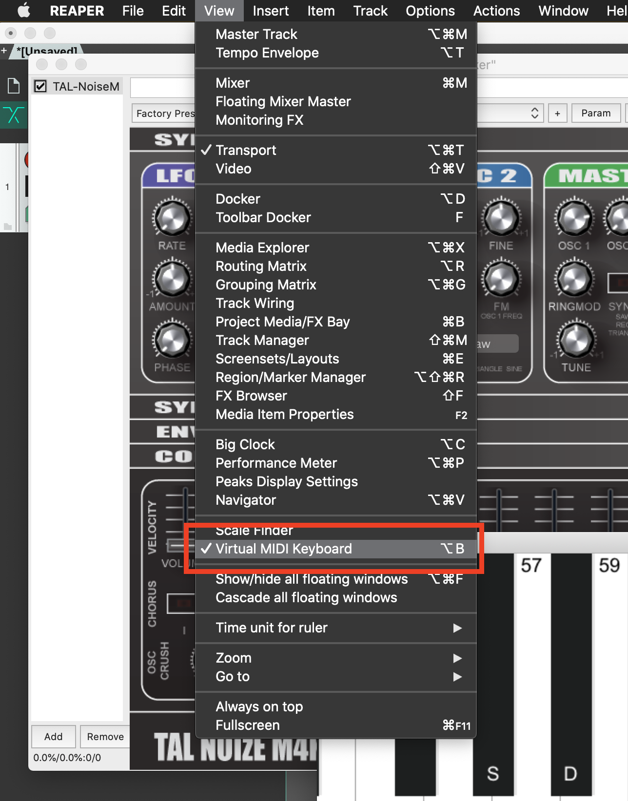 Example of opening the 'Virtual MIDI Keyboard in Reaper.