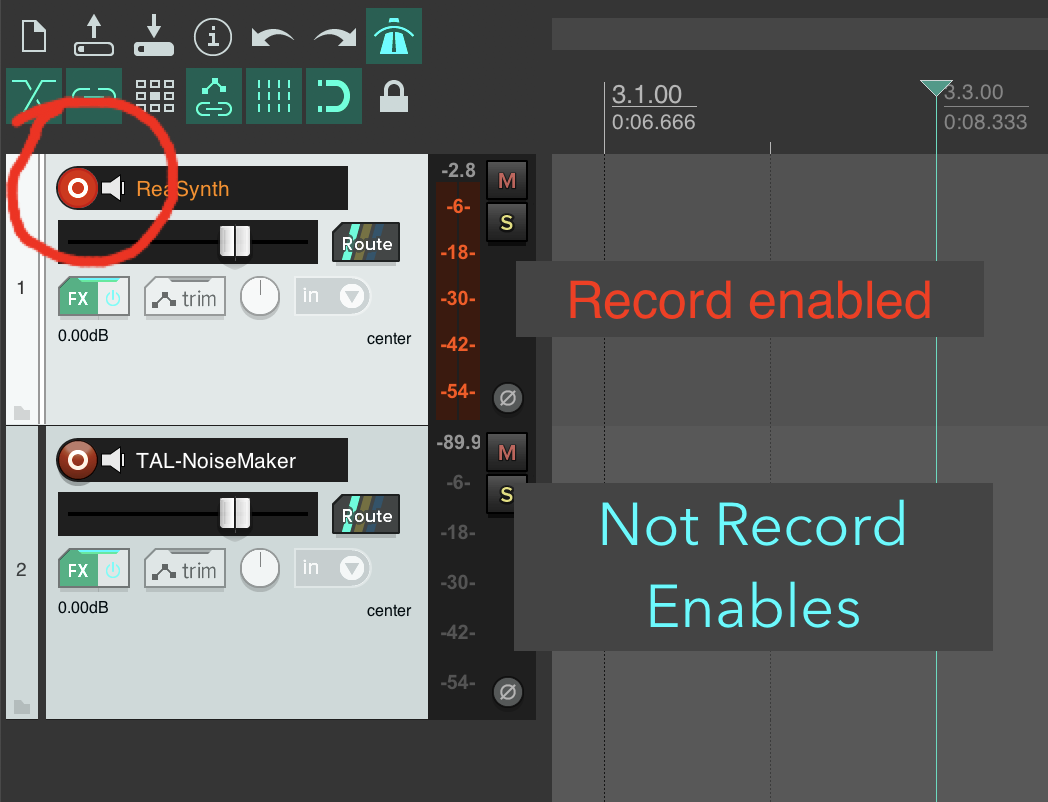 Demonstrating two tracks. The top one is 'record enabled' and the bottom one is not.