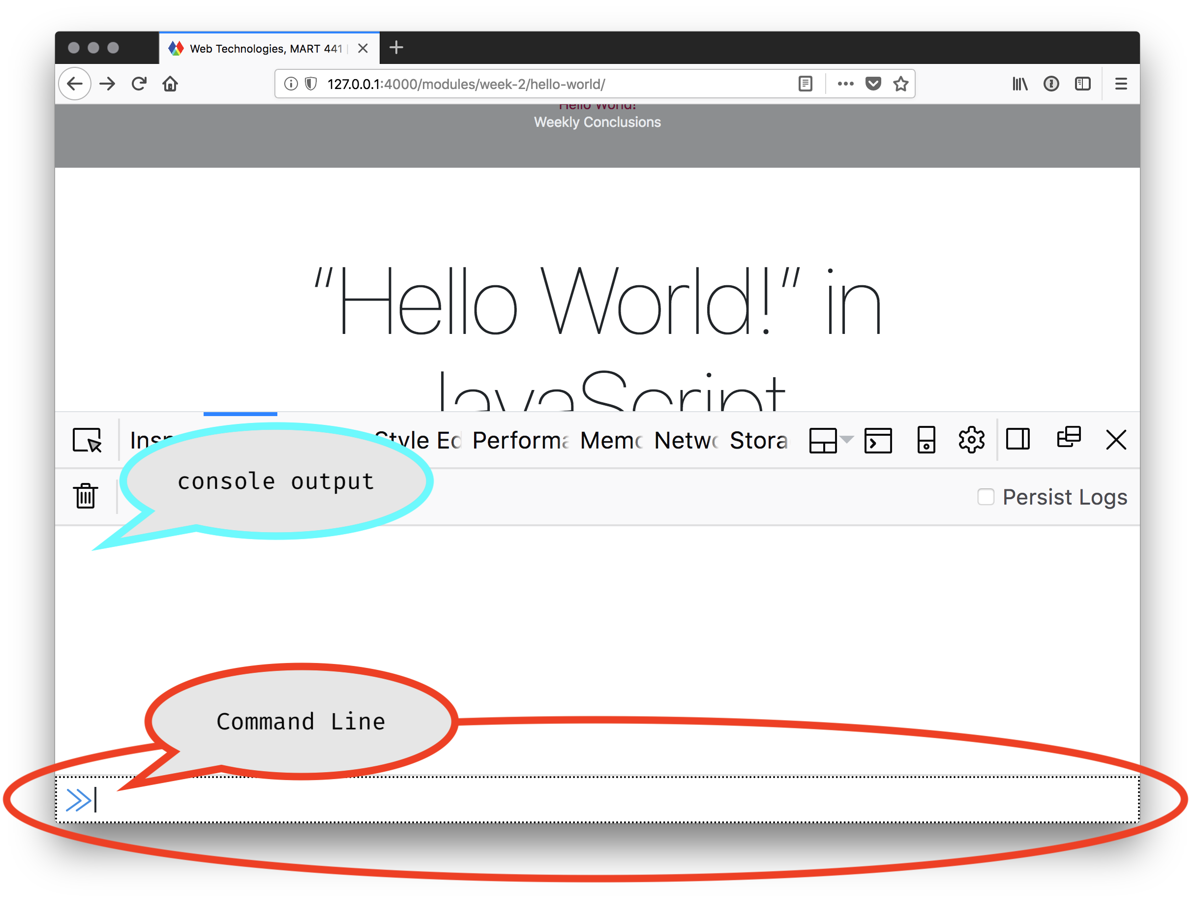 Example of the Firefox web console and command line