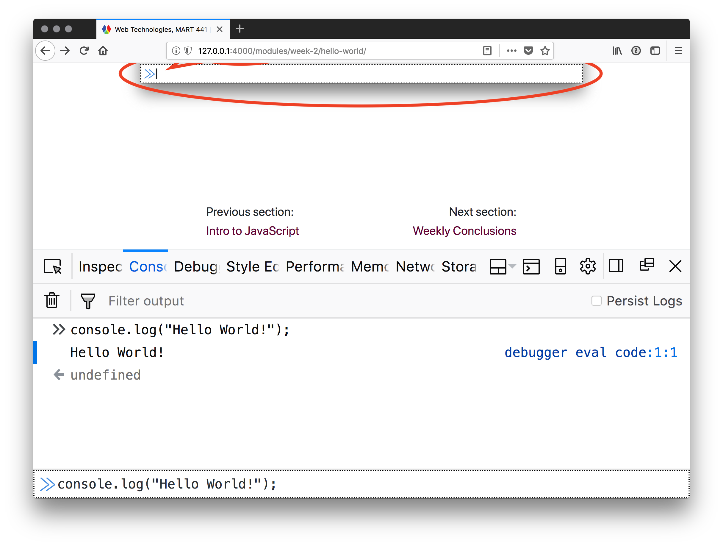 The 'Hello World!' program in Firefox.