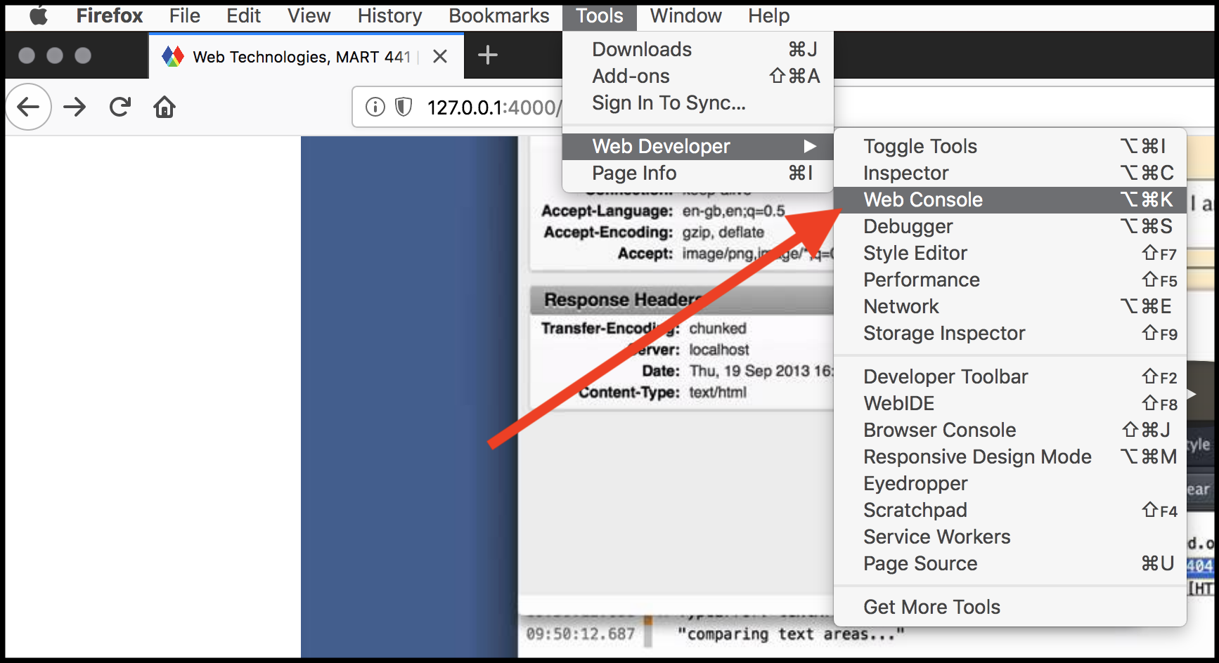 Showing the location of 'web console' in the menus